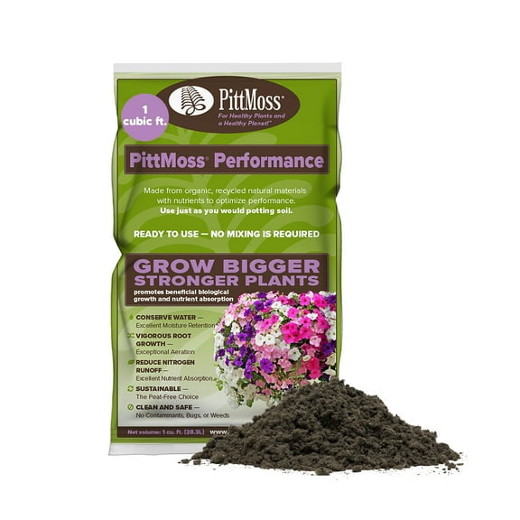 PittMoss Performance Eco-Friendly, Peat-Free Potting Mix Enhanced with Controlled Release Fertilizer for Gardens, Houseplants & More, 1 Cubic Foot