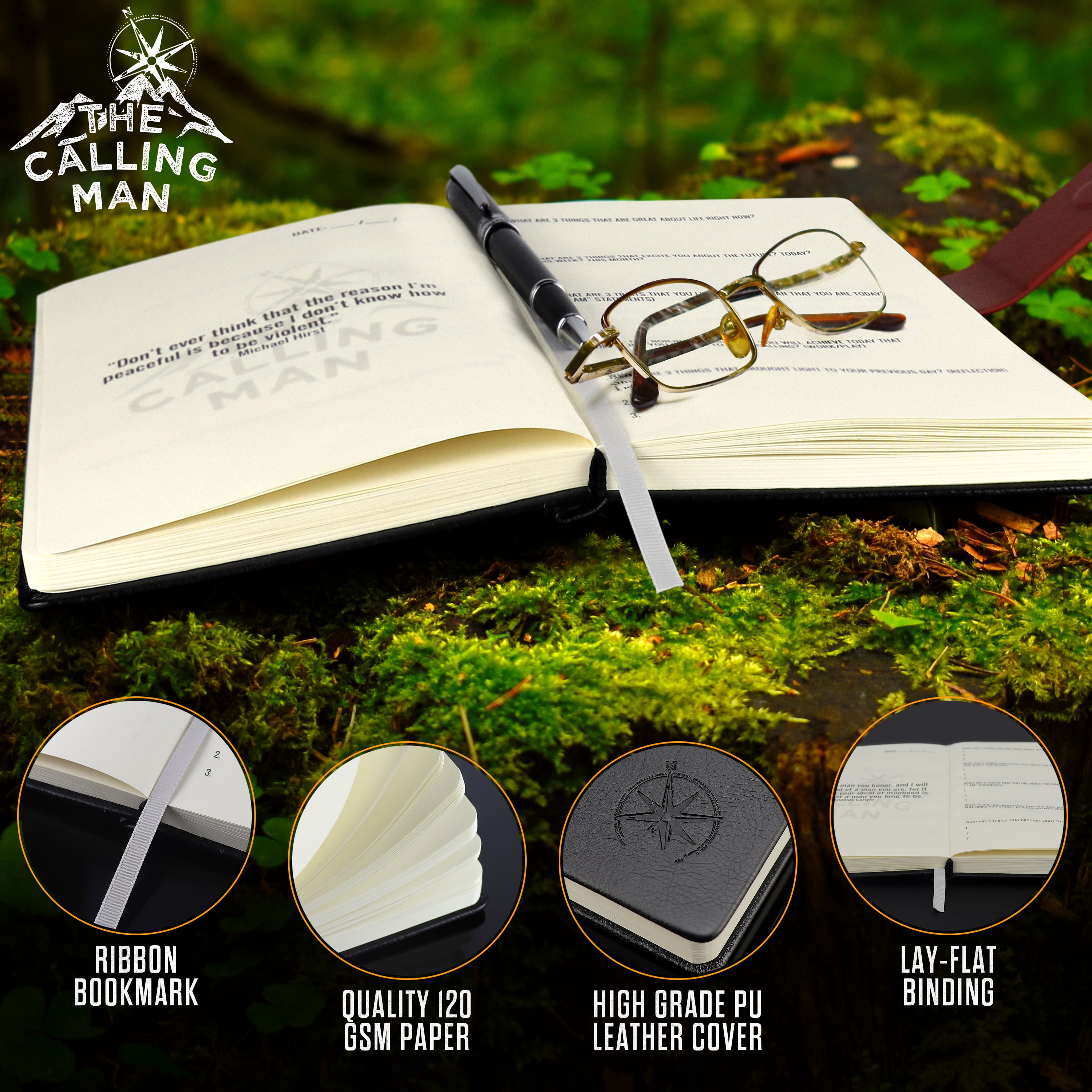 The Calling Man Daily Gratitude and Productivity Mindset Leather Journal For Men, 90 Day Guided 5 Minute Journal with Challenges of the Masculine Archetypes: King, Magician, Warrior, and Lover