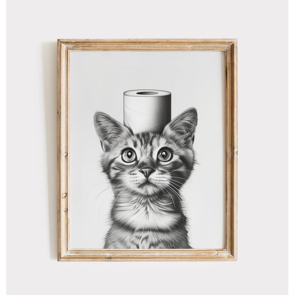 Funny Cat Wall Art Toilet Paper Cat Illustration Minimalist Bathroom Decor Pet Lover Gift Home Decor Office Wall Art