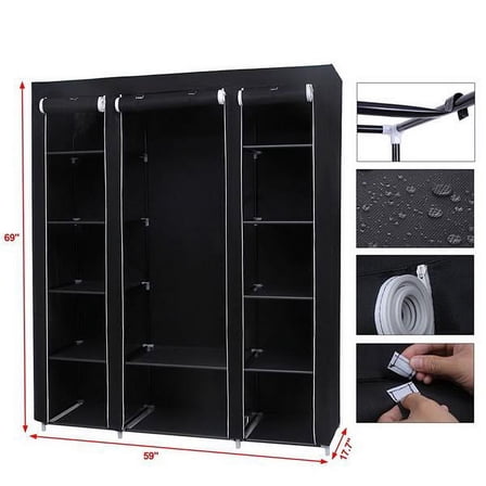 Large 69" Portable Wardrobe Closet – Heavy-Duty Fabric Clothes Organizer with Multiple Shelves, Dustproof Cover & Metal Frame, Black Storage Cabinet
