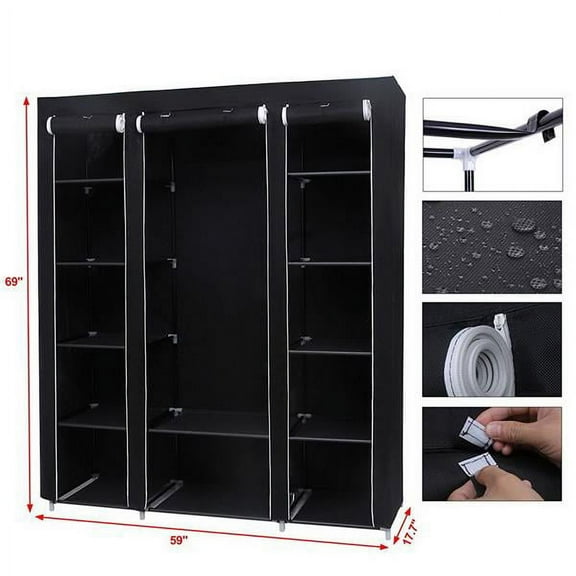 Large 69" Portable Wardrobe Closet – Heavy-Duty Fabric Clothes Organizer with Multiple Shelves, Dustproof Cover & Metal Frame, Black Storage Cabinet