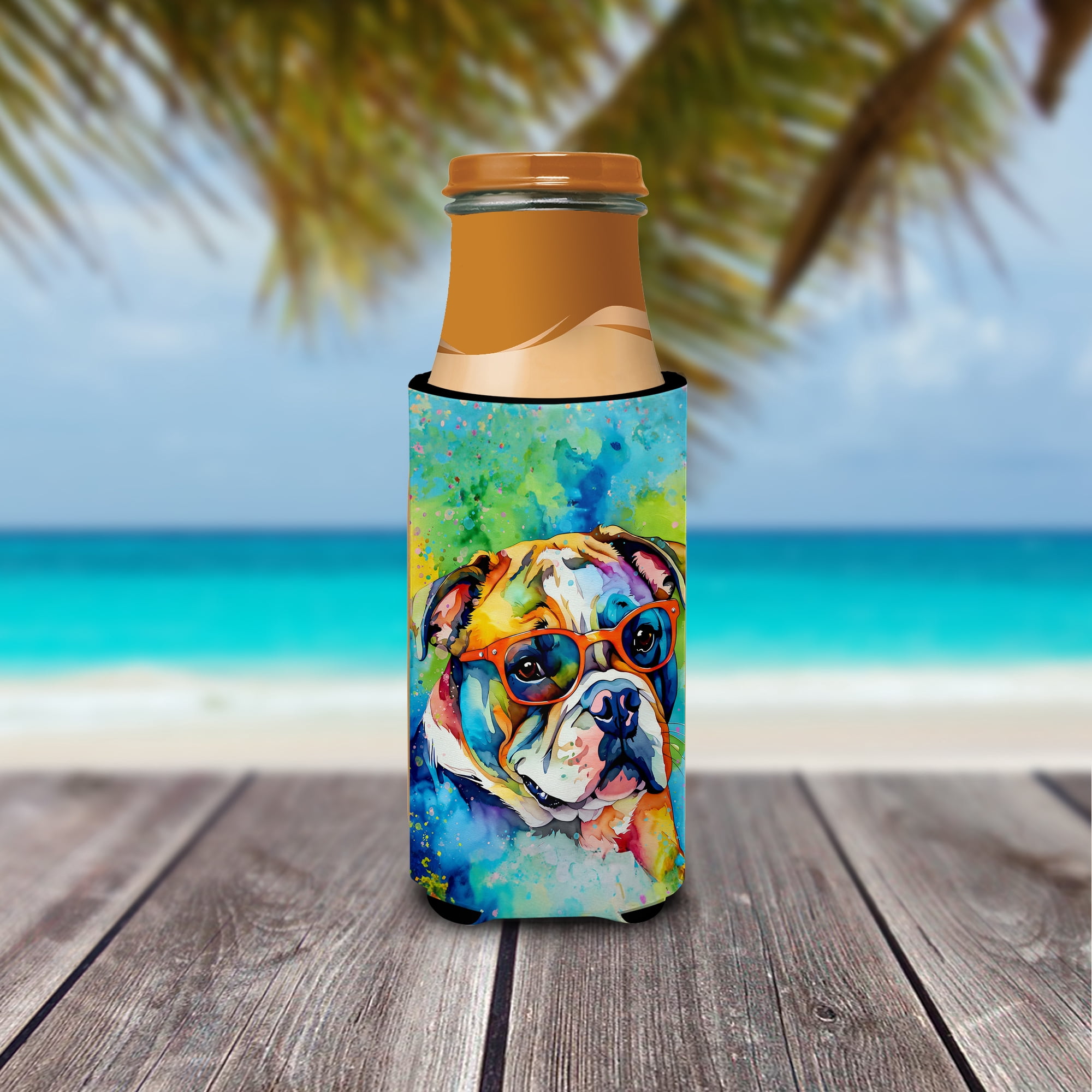 English Bulldog Hippie Dawg Hugger for Ultra Slim Cans 4 in x 6.5 in