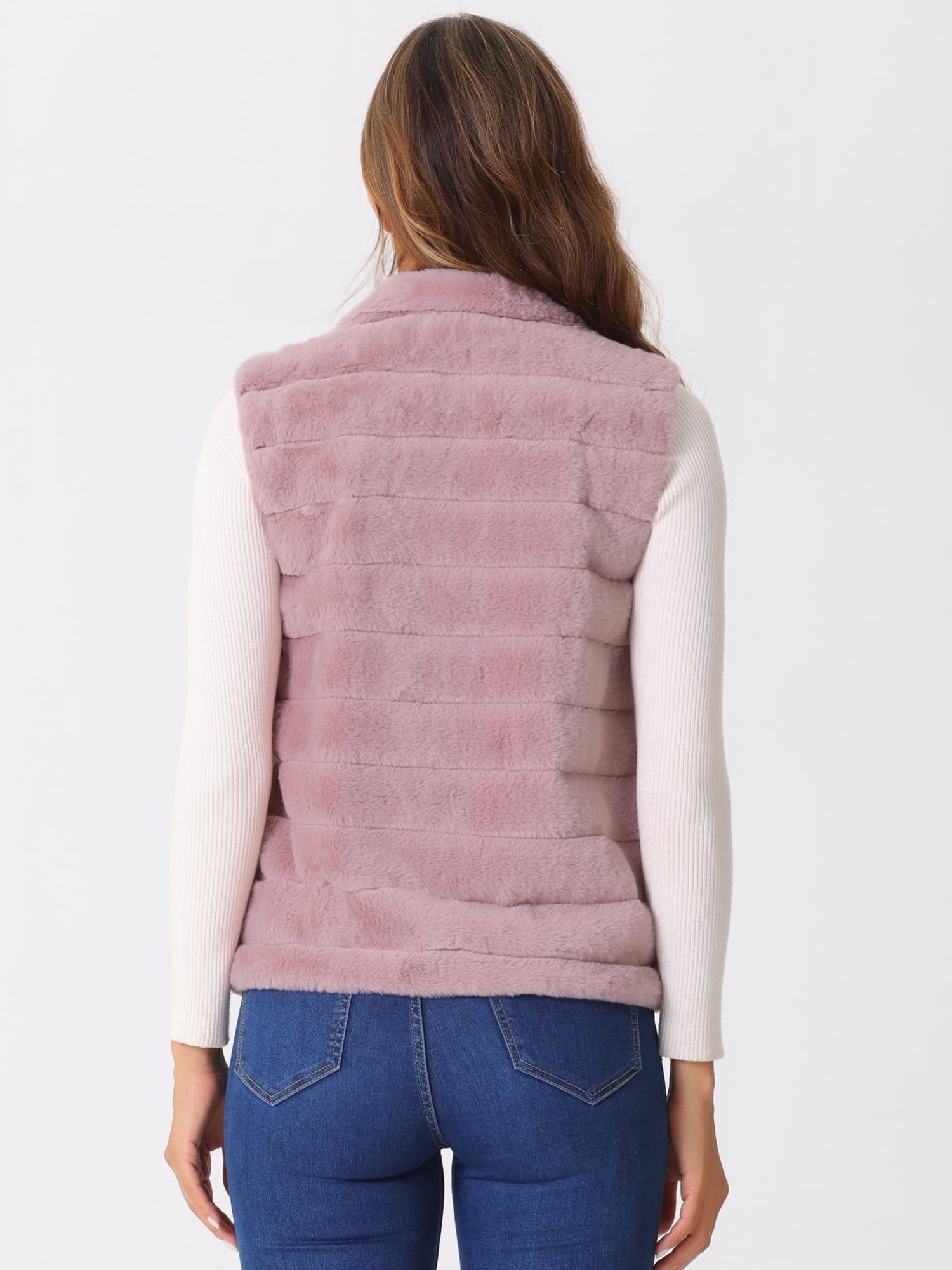 DARING DIVA Women's Stand Collar Fluffy Vest Faux Fur Sleeveless Coat S Pink