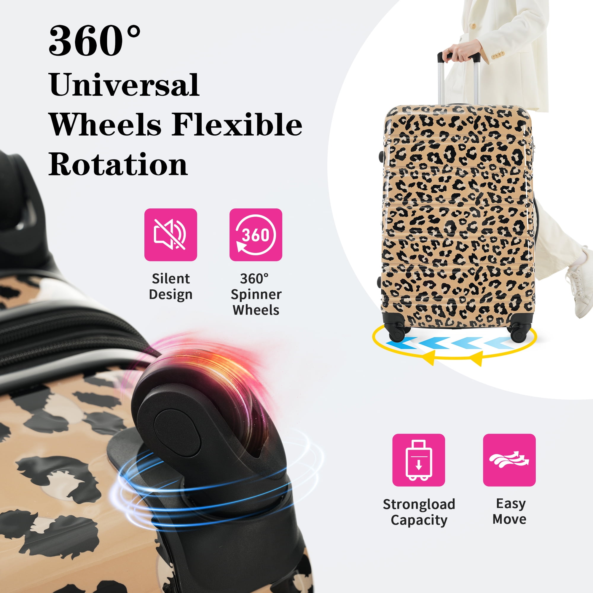 MAYEERTY 3-Piece Leopard PC Luggage Set with TSA Lock for Travel, 20"+24"+28" Lightweight & Hardshell Suitcases
