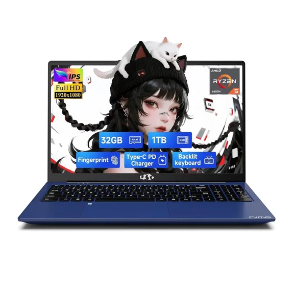 15.6" IPS FHD Gaming/Business Laptop, 32GB DDR5 RAM 1TB SSD 6 Cores AMD Ryzen 5 6600H (Beat i7-1165G7 up to 4.5GHz) 660M 6nm GPU-Computer with 100W Type-C Backlit Keyboard, Fingerprint Blue