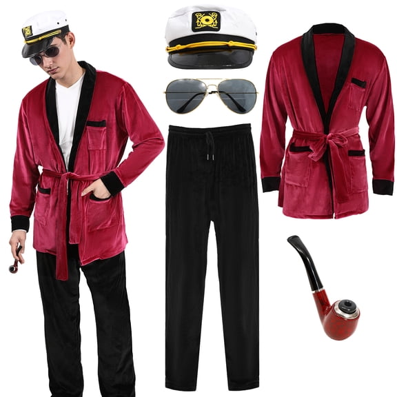 BUXULYP Men Velvet Robe Silky Long Sleeve Bathrobe Pajama with Sunglasses Captain Hat Belt Pants Halloween Party Costume