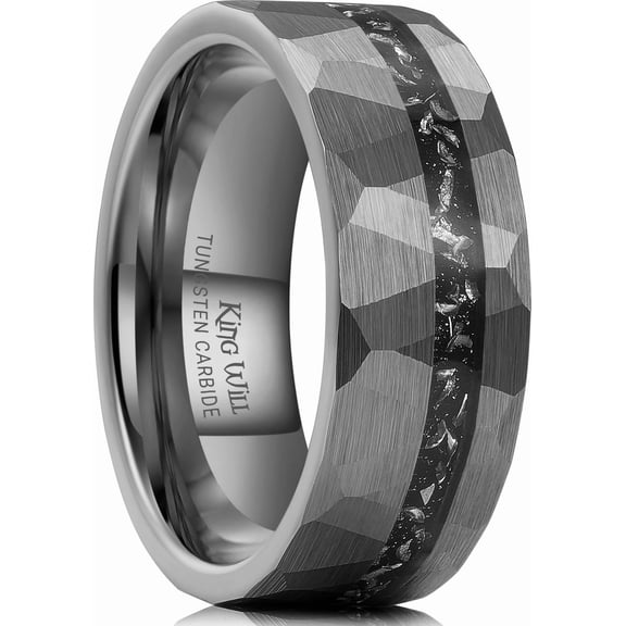 King Will Mens 8mm Gunmetal Hammered Meteorite Inlay Tungsten Carbide Wedding Band Matte Brushed Unique Ring, Size 10