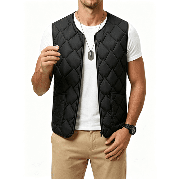 Atkumj Men Vest Warm Round Neck Zip Up Diamond Quilted Vest Casual Puffl Solid Color Men Sleeveless Outerwear for Fall Winter S