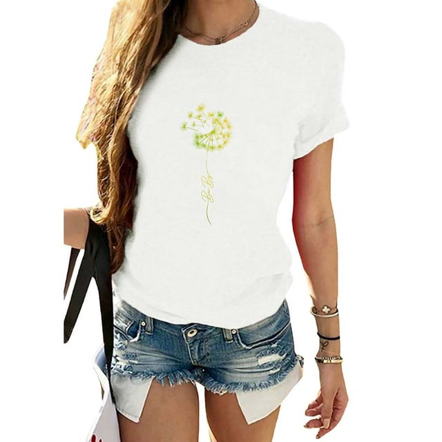 Daeful Hauts Imprimé Pissenlit T-Shirts Manches Courtes Dames Coupe Décontractée Col Rond Blanc TG