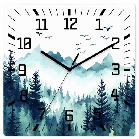 Turquoise Forest Wooden Wall Clock Silent Non Ticking, Mountains Birds Fog Tree Scenery Square Wall