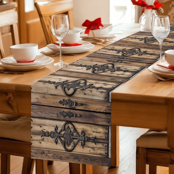 Table Runner Farmhouse Wooden Plank Barn Doors Dresser Scarves 13x36 Inch,Linen Table Runners Shabby Brown Wood Tablerunner for Home Dining Indoor Outdoor Wedding Party Tabletop Decor