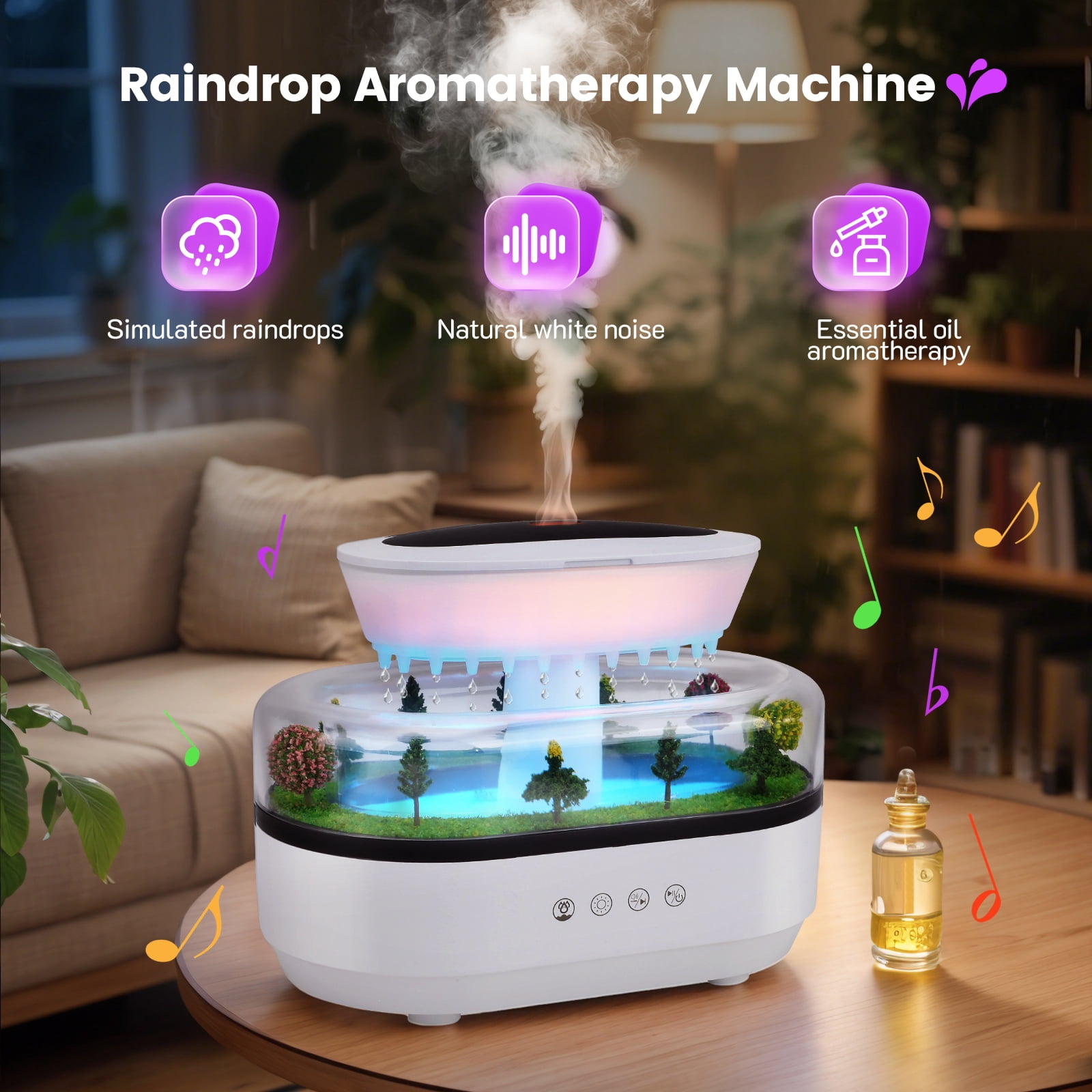 FANCYBANT Oil Diffuser Air Humidifier 250ml Essential Oil Diffuser,7 Colors Rain Aroma Diffuser with White Noise,Room Diffuser for Home,Office,Gift,White