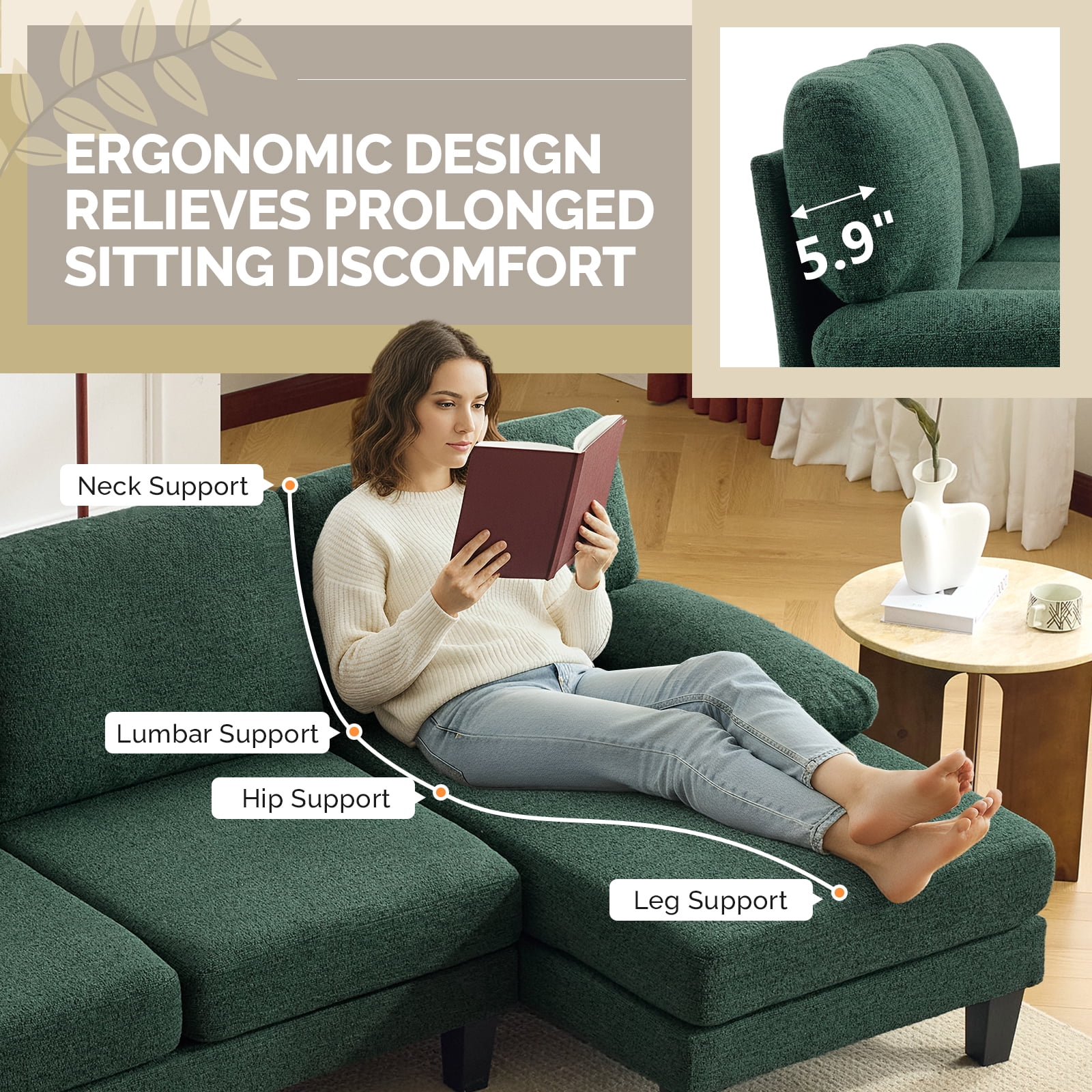 Ktaxon U-Shaped Sectional Sofa Set with Chaise, 4-Seater Blended Chenille Couch for Living Room, Apartment, Easy Assembly Green