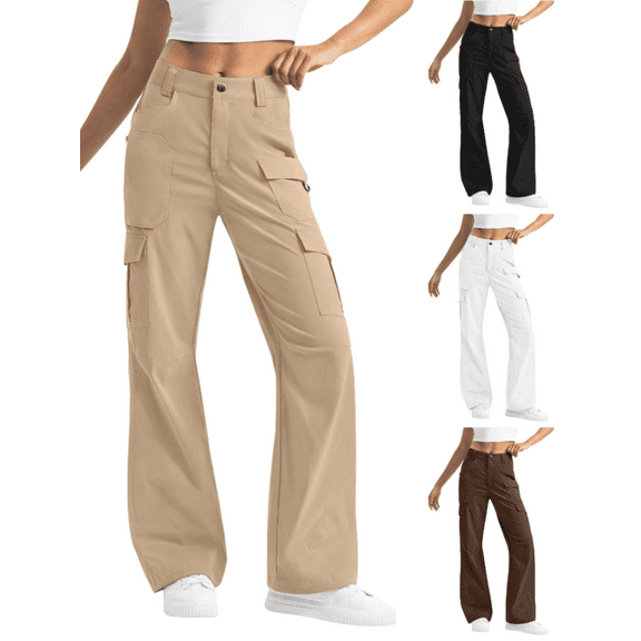 Sakmal Khaki Pants for Women Work Casual Cargo Straight Leg High Waisted Full Length Plain Yellow Pants with Pockets