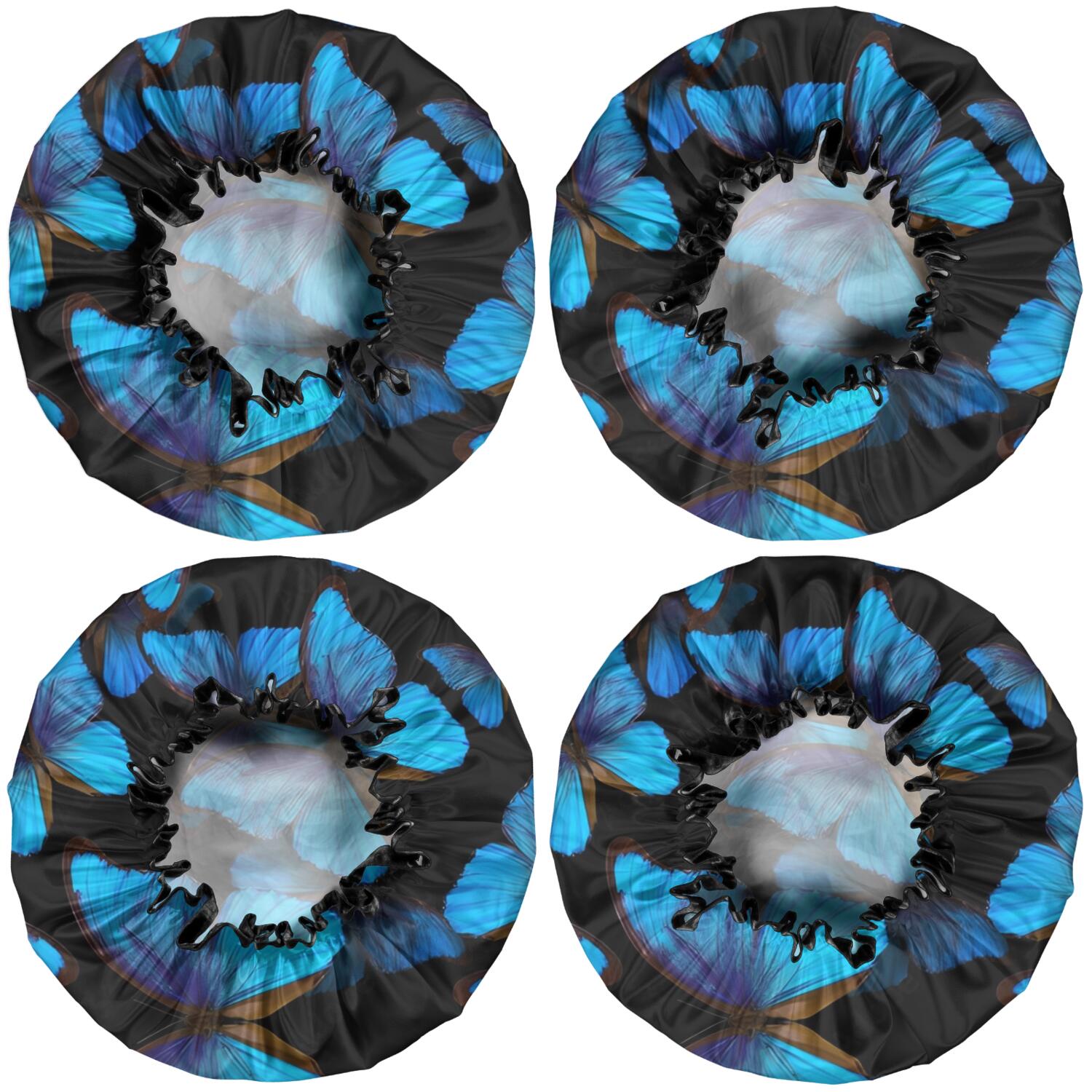 Shower Caps,Black Blue Butterfly Pattern Waterproof Shower Cap for Women 4 Pieces,Double Reusable Hair Cover for Shower PEVA Elastic Stretch Hem