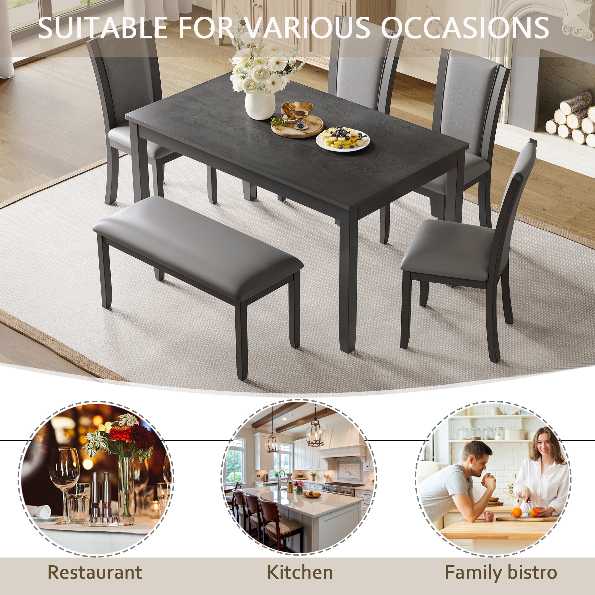 Aukfa 6 Pcs Farmhouse Extendable Dining Table Set,Rubberwood Kitchen Table with Bench & 4 Chairsfor Dining Room,Gray