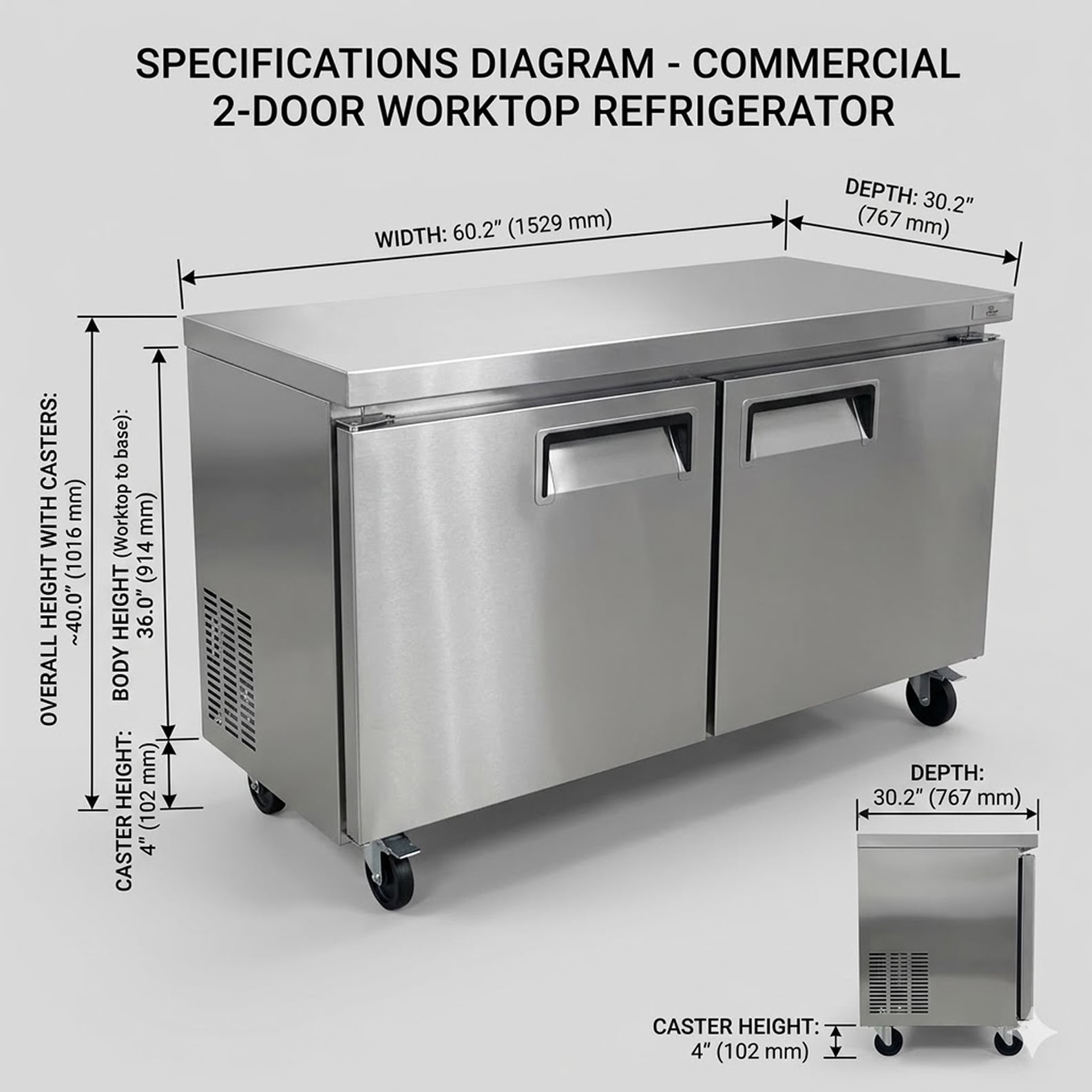 60" Commercial 2-Door Worktop Refrigerator Stainless Steel Undercounter Prep Fridge 17 Cu.Ft. NSF ETL