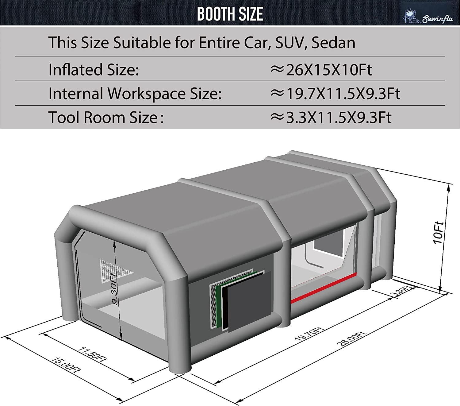 Sewinfla Indoor Inflatable Paint Booth with Air Draft Device 26x15x10Ft with Blowers
