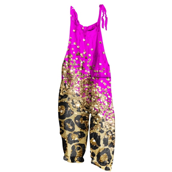 QATAINLAV Loose Fit Jumpsuits for Women Vintage Boho Printed Rompers Summer Linen Wide Leg Overalls Casual Adjustable Straps Playsuit with Pockets, Hot Pink, XL