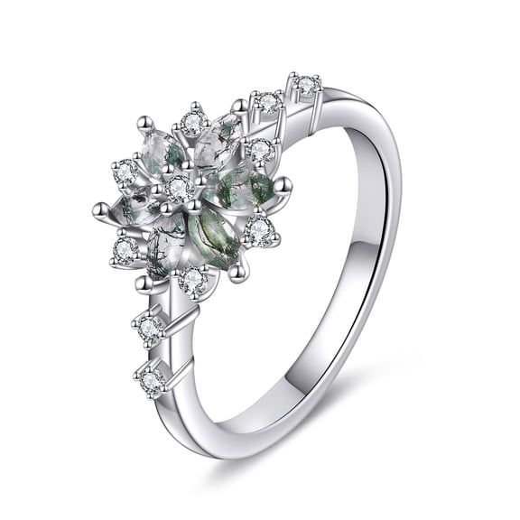 Natural Moss Agate Ring for Women 925 Sterling Silver Snowflake Ring Moss Agate Jewelry Gift Engagement Rings (silver, 8)
