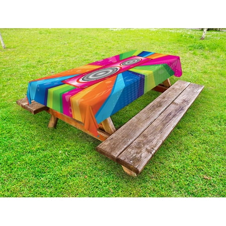 

Vintage Rainbow Outdoor Tablecloth Discotheque Pop Party of the 60s 70s Theme Musical Notes and Pink Stereo Decorative Washable Fabric Picnic Tablecloth 58 X 120 Inches Multicolor by Ambesonne