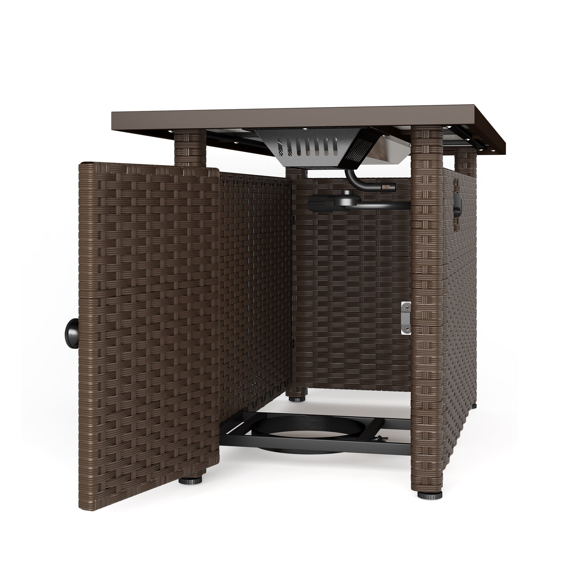 45" Rectangular Propane Fire Pit with Lid, 50,000 BTU Tabletop Fire Pit with Glass Rock, Waterproof Cover and PE Rattan, Brown
