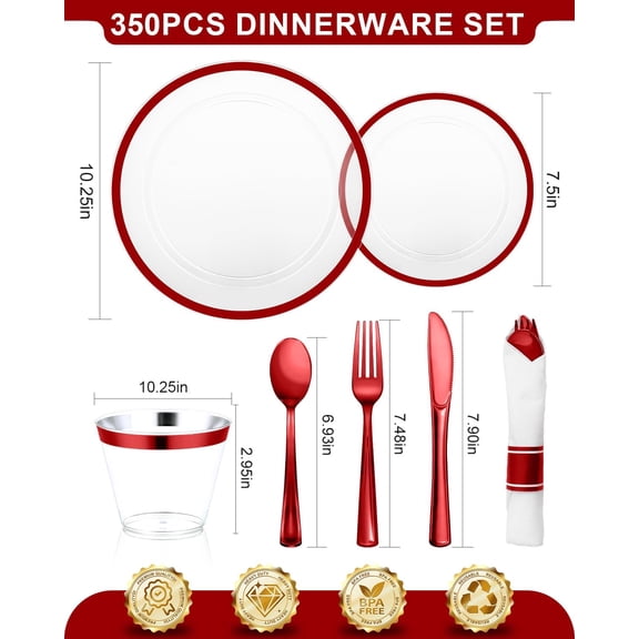 350PCS Disposable Clear Red Dinnerware Sets for 50 Guests