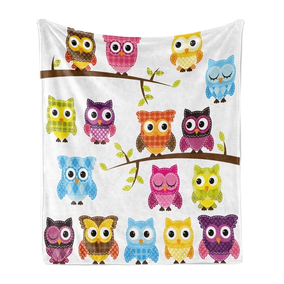 Cartoon Soft Flannel Fleece Blanket, Patchwork Quilt Style Owls on Branches Animals with Green Leaves Bird Mascots Print, Cozy Plush for Indoor and Outdoor Use, 60" x 80", Multicolor, by Ambesonne