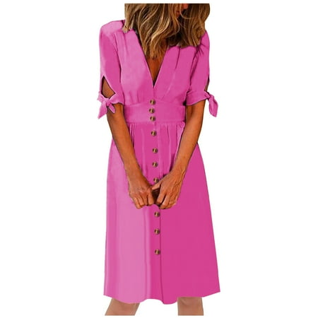 Ygbgbb Womens Summer Dresses Bow Tie Split Sleeve Dresses Solid Color V-Neck Maxi Dress Pleated Waist Button Slit Front Casual Dresses Hot Pink XL