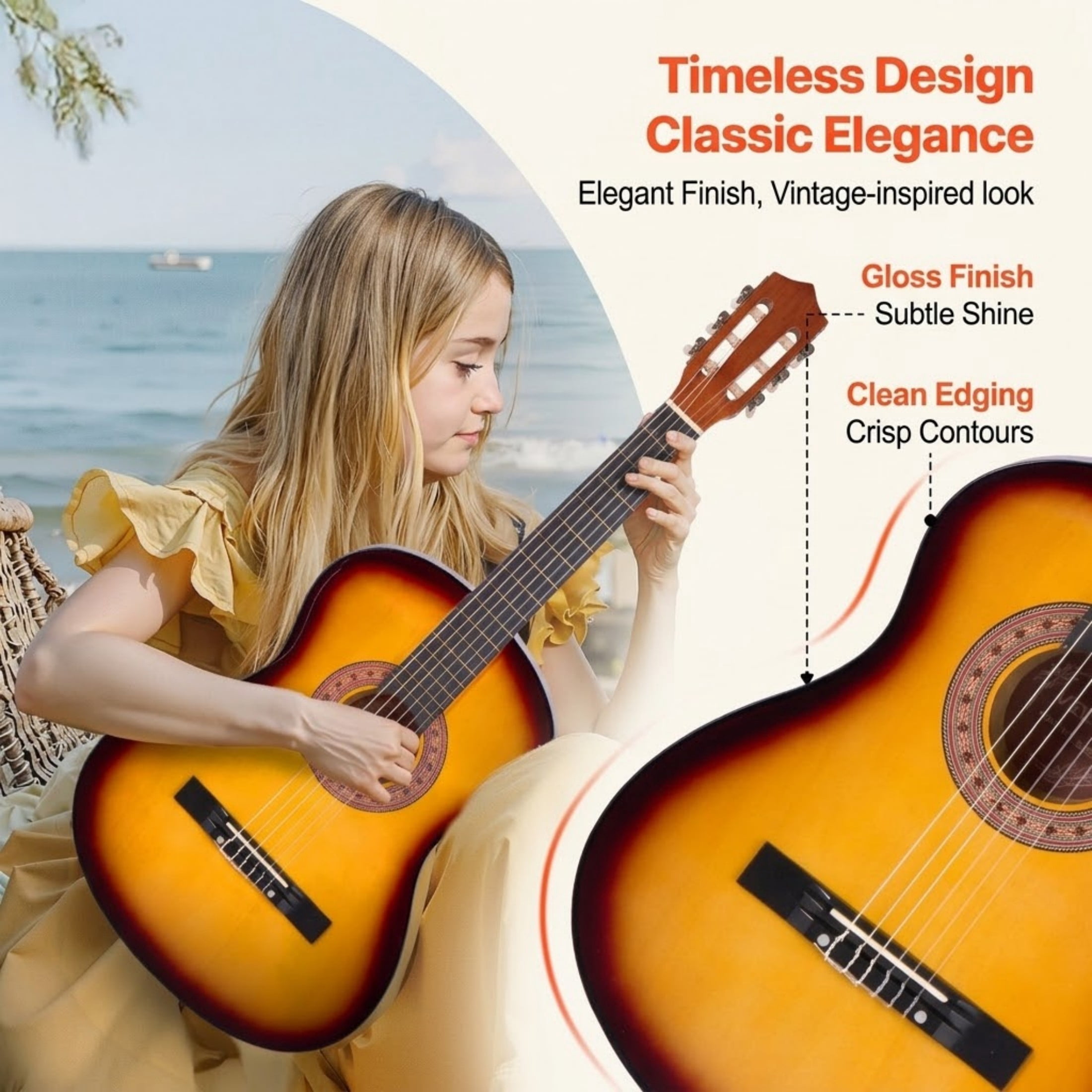 38-Inch Classical Guitar Beginner Starter Kit, Basswood Wood Guitar with Nylon Strings, Gig Bag & Tuner, Sunburst