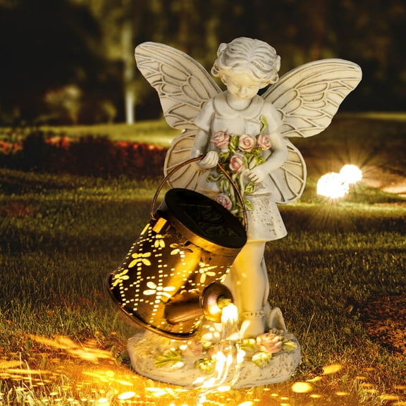 Solar Powered Angel Statues with Watering Can 36 Warm White LED String Lights Outdoor Garden Decor for Patio Balcony Yard or Lawn Elegant Housewarming Gift Idea