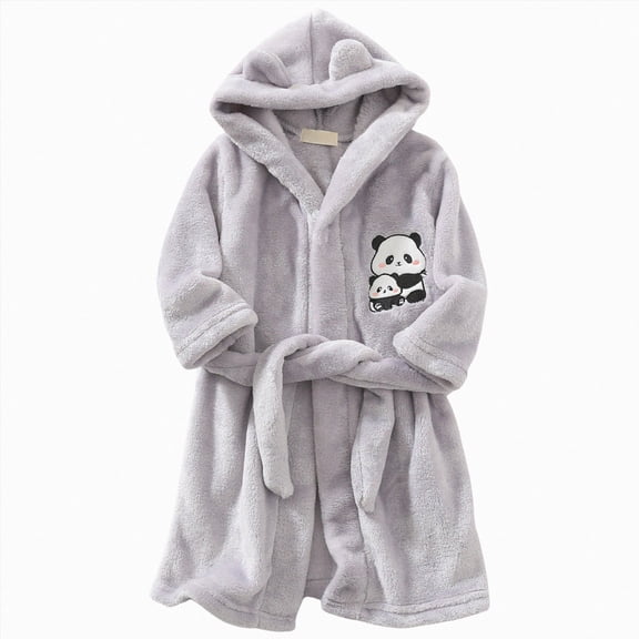 WUANDIXFA Kids Robe 1-14 Years Childrens Cartoon Home Clothes Bathrobe Warm Boys Girls Pajamas Flannel Hooded Robe,Grey,18-24 Months
