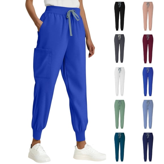 Medical Scrub Pants for Women Quick Dry Jogger Scrub Pants with Pockets Drawstring Cargo Pants Mid-Rise Womens Scrubs Pant Dark Blue L