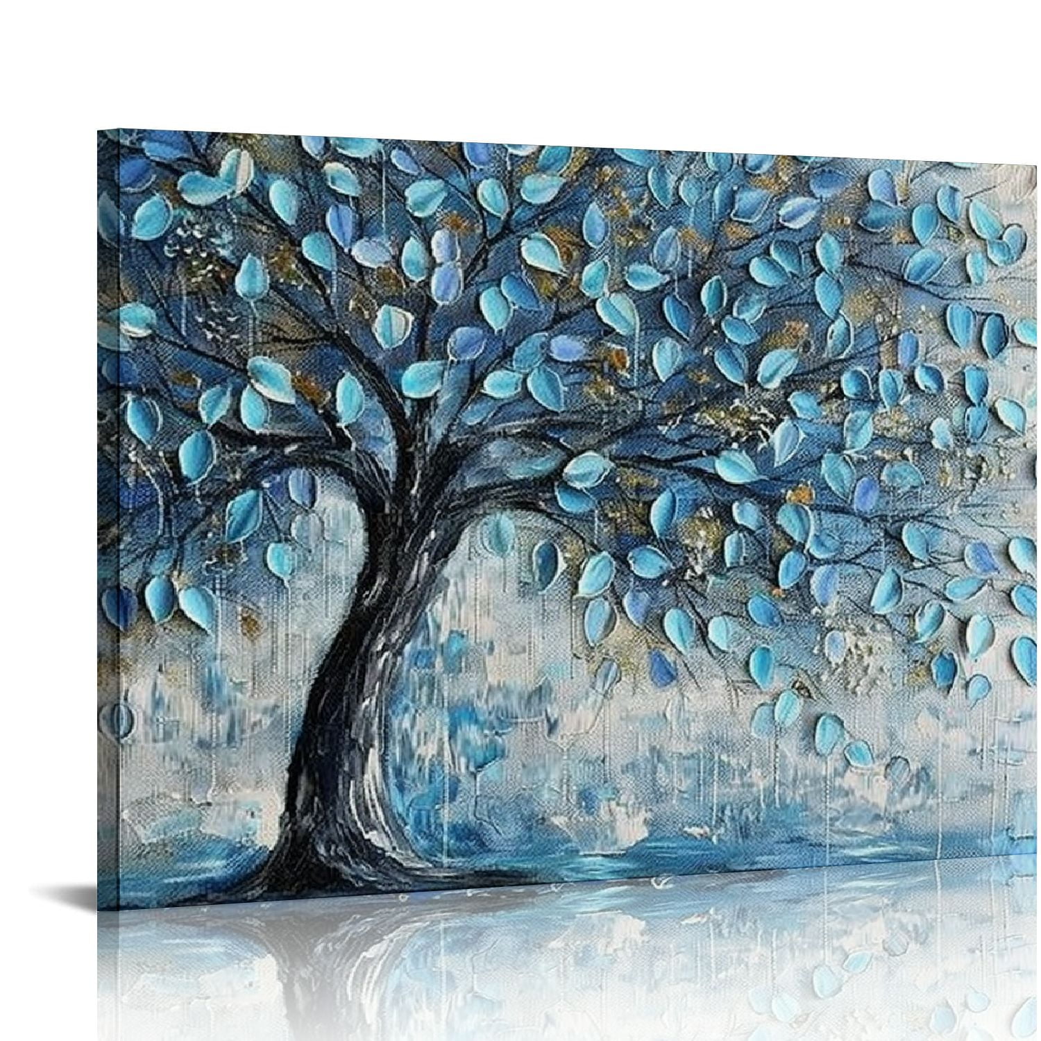 COMIO Tree Wall Art Teal Blue Nature Tree of Life Abstract Canvas Painting Textured Picture, Modern Large Panoramic Landscape Artwork Framed for Living Room Bedroom Bathroom Office Home Decor