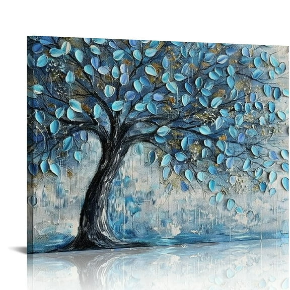 COMIO Tree Wall Art Teal Blue Nature Tree of Life Abstract Canvas Painting Textured Picture, Modern Large Panoramic Landscape Artwork Framed for Living Room Bedroom Bathroom Office Home Decor