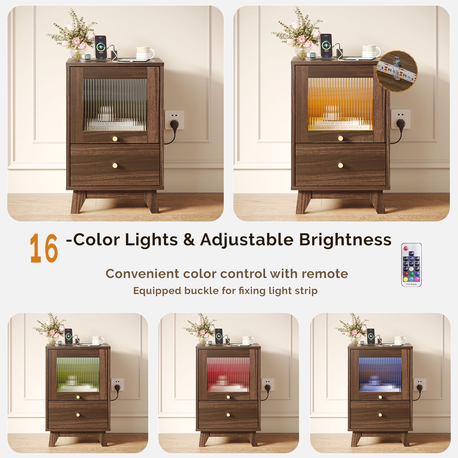 Astoutdoor 2-Drawer Bedside Table with Reeded Glass, Charging Socket, and 16-Color Light, Walnut, 15.75 x 13.74 x 24.6 in
