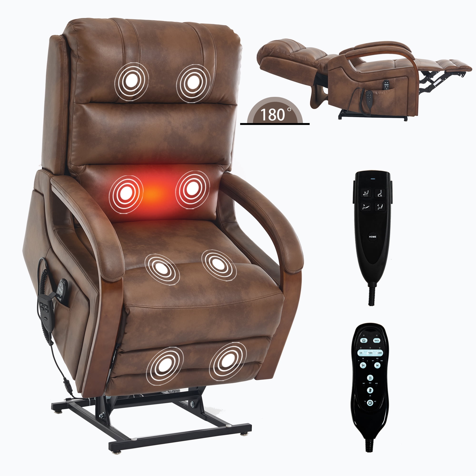 Gewnee Power Lift Recliner Chair with Heat and Massage,Lay Flat Assist Recliner with Side Pocket & Solid Wood Armrest,Lift Chair for Living Room.Brown PU