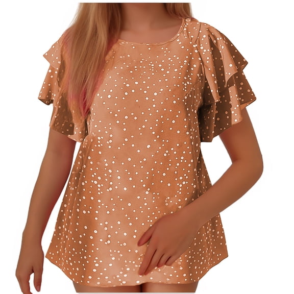 zbxnLI Plus Size Top for Women L-4XL Polka Dot Pattern Tunic Shirts Ruffle Short Sleeve Tee Tops Fashion Summer Casual T Shirt