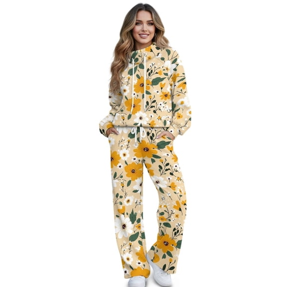 SCRAWLGOD Flower Leaf Print Beige Women's 2 Piece Outfits Lounge Set Loose Fit Turtleneck Sweatshirt Wide Leg Sweatpants Set Sweatsuit Comfortable Tracksuit, XS