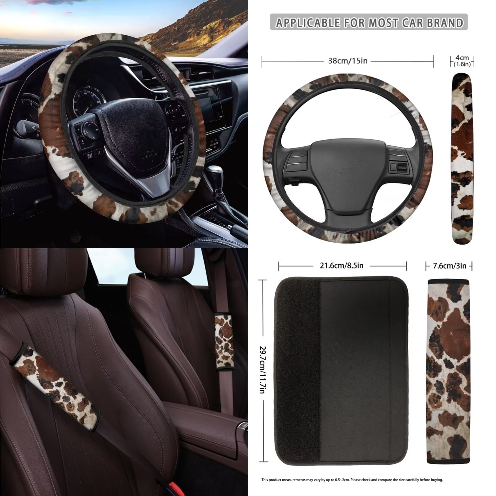 KUIFORTI Cow Print Car Seat Covers and Steering Wheel Cover and Seat Belt Covers 15 Pack Automotive Interior Accessories Seat-Covers-and-Accessorie, Easy to Install