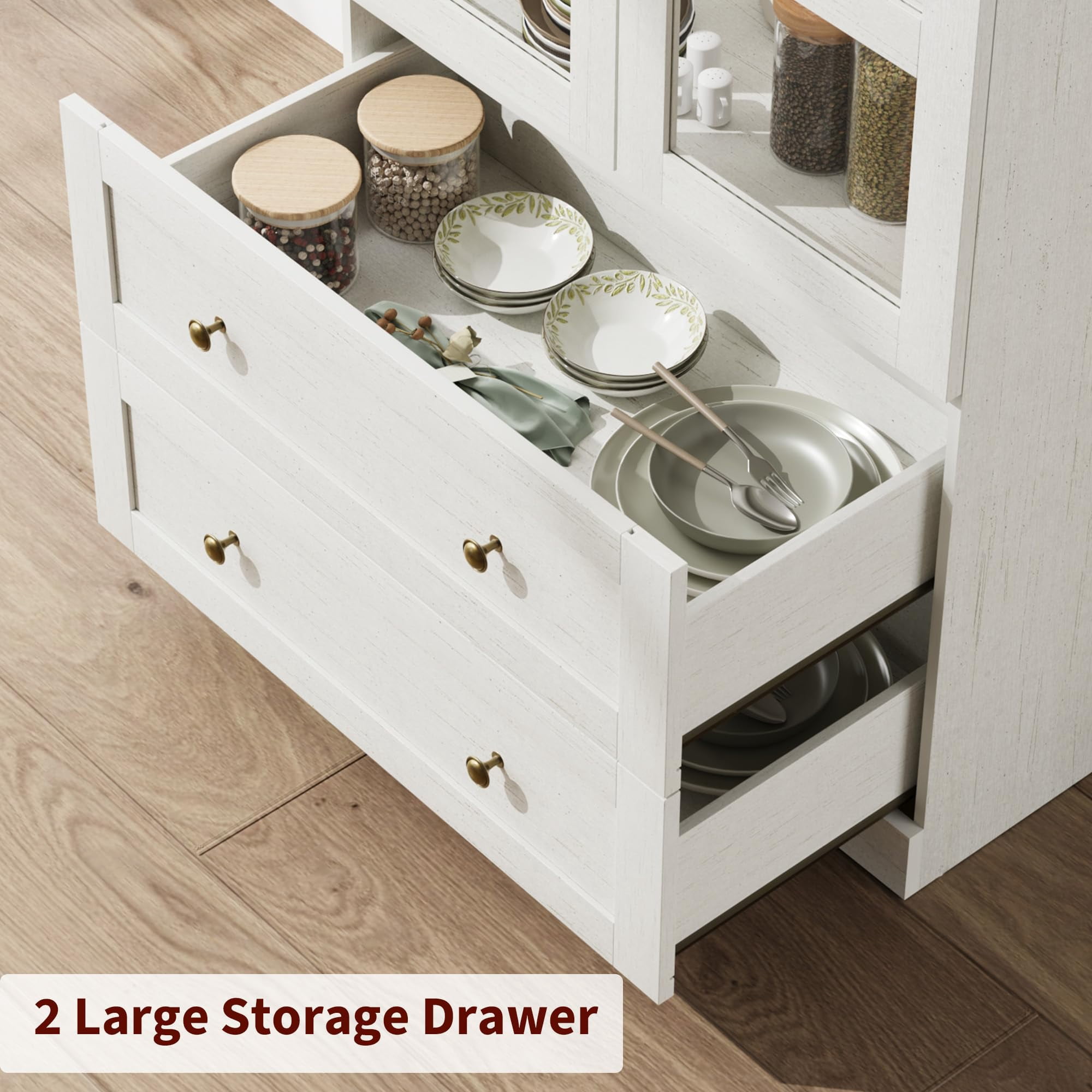 COZONY 72" Tall Arched Kitchen Pantry Cabinet, Farmhouse Wooden Storage with 2 Drawers & Wood Doors, Freestanding Buffet for Dining & Living Room,Antique White
