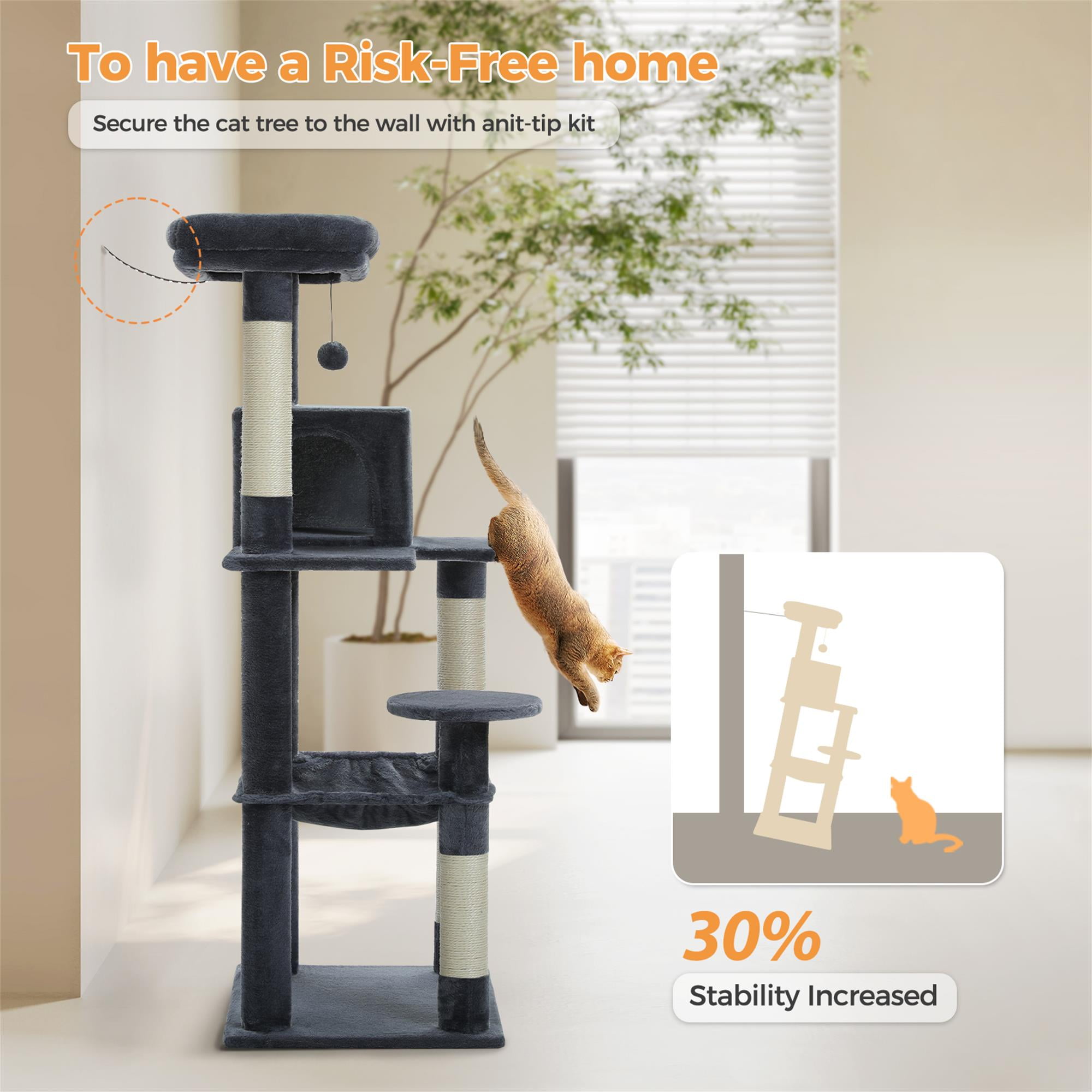 Kadyn 56" Multi-Level Cat Tree Tower for Indoor Cats with Sisal Scratching Posts, Cozy Cat Condo, Large Hammock and Plush Perches Cat Tree House for Large Cats, Dark Gray