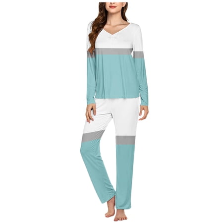SwiftWear Womens Pajama Sets Colorblocked Sleepwear V Neck Long Sleeve Loose Shirts Pants Soft Lounge Set Comfort Homewear Light Blue M