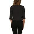 thumbnail image 3 of MODA NOVA Juniors Collarless Round Neck 3/4 Sleeve Open Front Short Denim Jackets Black M, 3 of 5