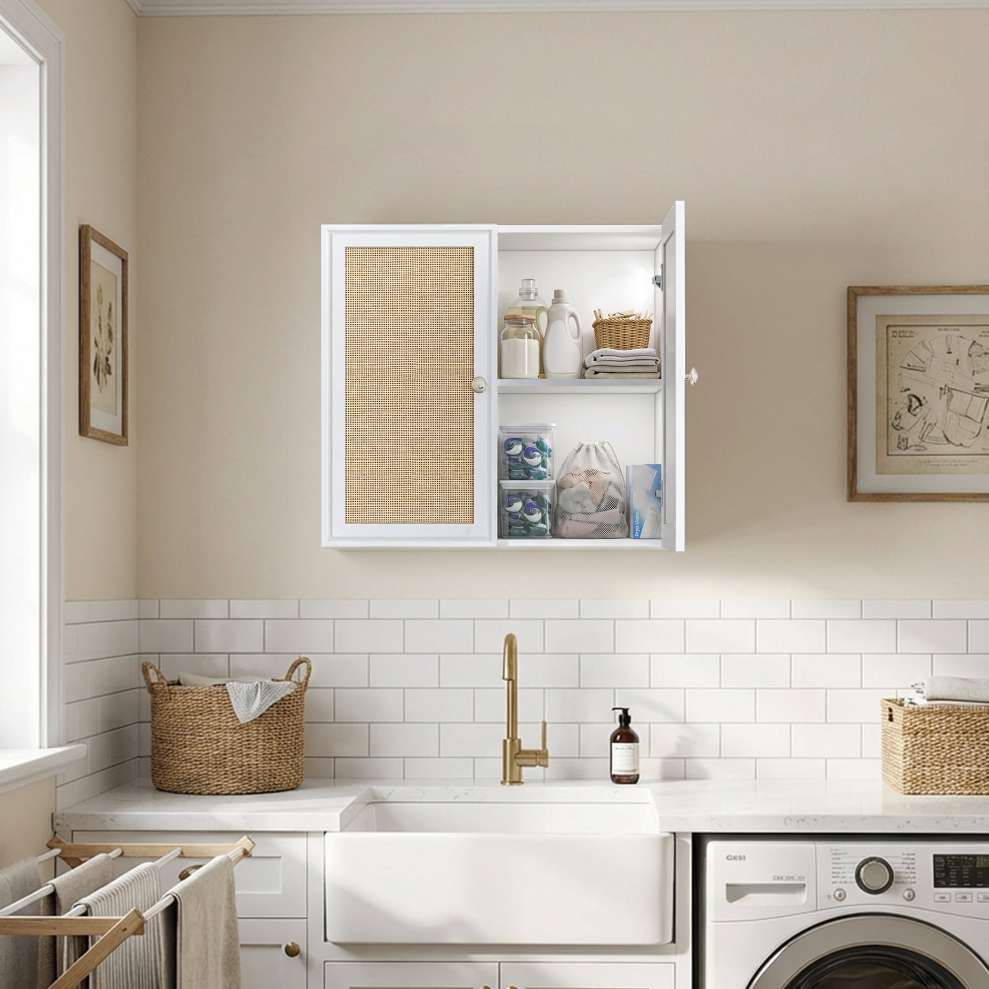 Rattan Laundry Room Cabinets, Bathroom Cabinets Wall Mounted with Adjustable Shelves, Wall Cabinet for Kitchen