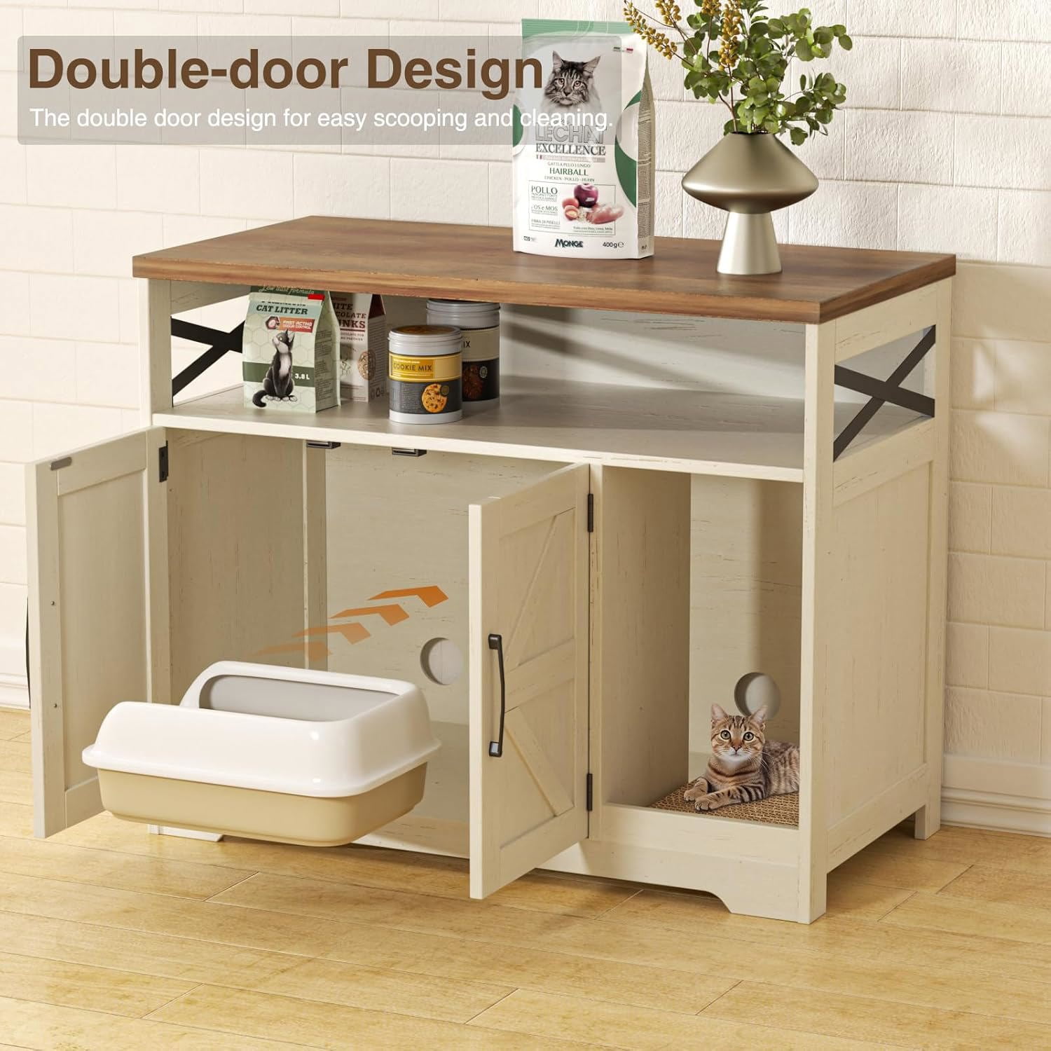 VEANERWOOD Cat Litter Box Enclosure with Cat Scratch Pad,Hidden Cat Washroom Furniture with Entry Open Compartment,White