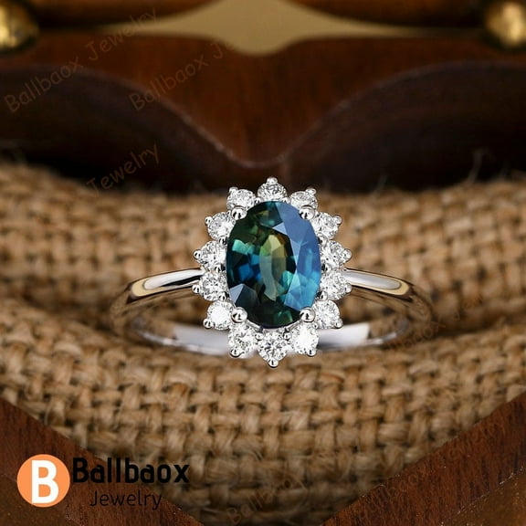Oval Cut Natural Teal Sapphire Engagement Rings For Women Blue Gemstone Ring Unique Anniversary Band Starburst Ring
