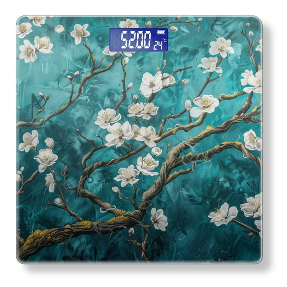 High Precision Body Weight Scale Smart Bathroom Scales with Large LCD Display(400lbs),Decorative for Bedroom-Alabaster White Magnolia Tree Branch On Teal Background