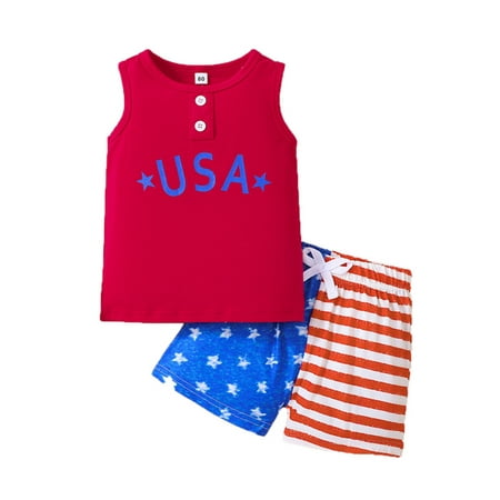 

xingqing Kids Boy Clothes 4th of July Toddler Boy Outfit Summer Sleeveless Vest Tops Striped Start Shorts Set Red 4-5 Years