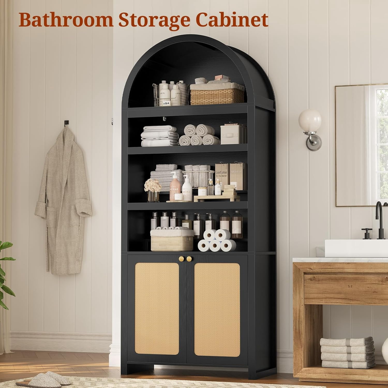 81" Tall Arched Kitchen Pantry Storage Cabinet, 6-Tier Bookcase with 2 Doors for Living Room, Kitchen, Home Office, Black+Oak